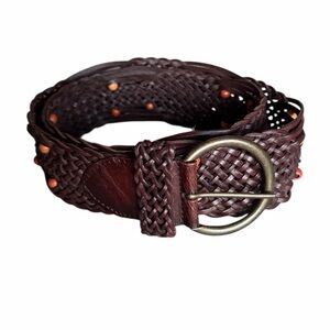 Vintage Ann Taylor LOFT Woven Leather Belt Brown Size L Boho Brass Buckle